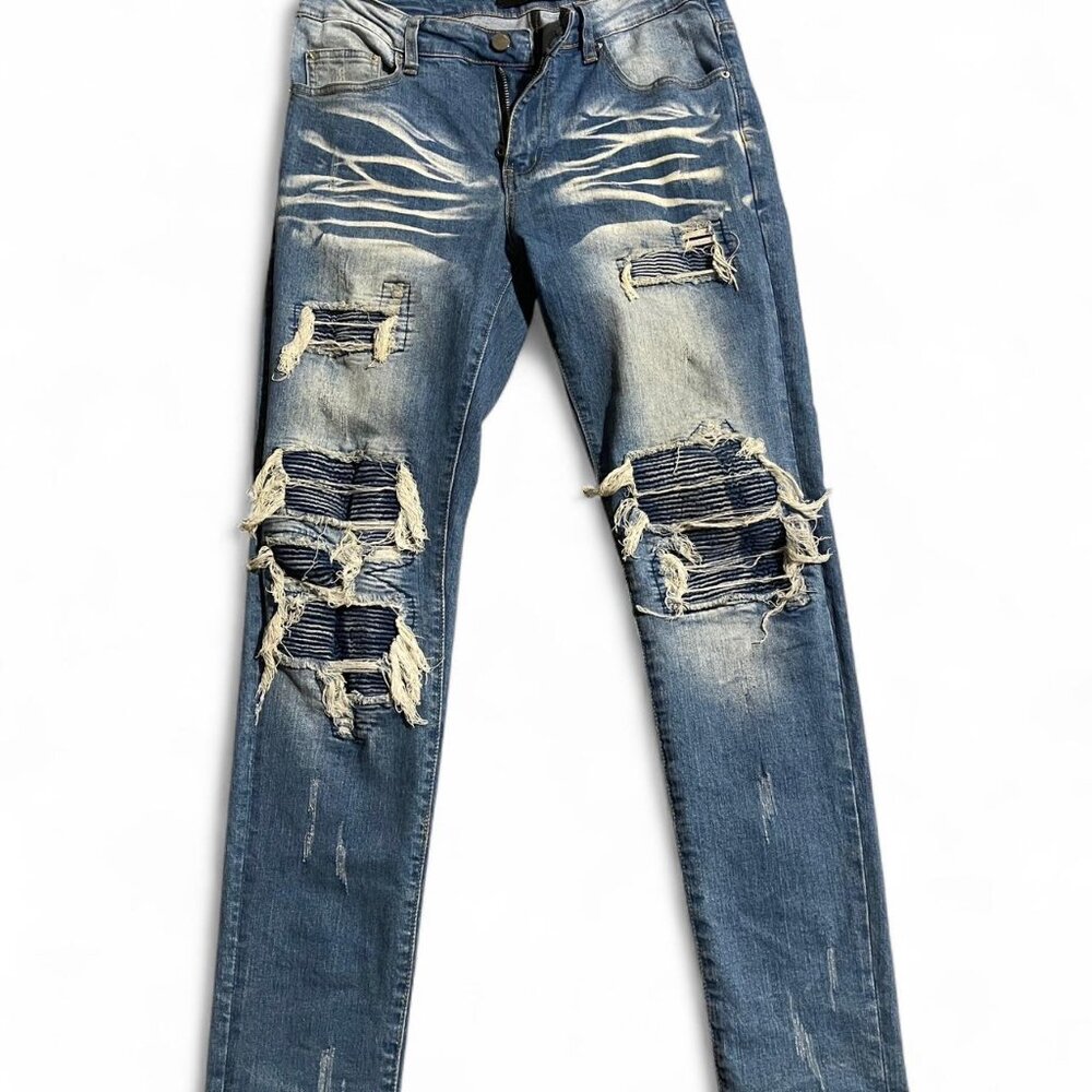AMIRI Distressed Slim Jeans in Indigo Blue with White Fading